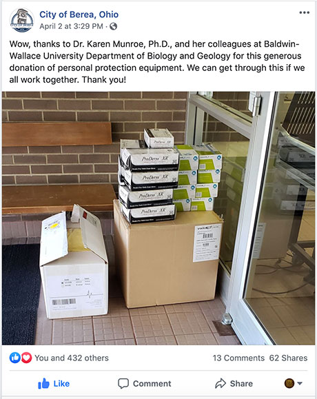 Berea Facebook post thanking BW Biology for PPE donation