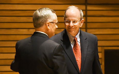 Steve Boesel ’68 (right) shakes hands with BW President Bob Helmer at a 2015 Conservatory of Music  event marking BW’s designation as an “All-Steinway School.”