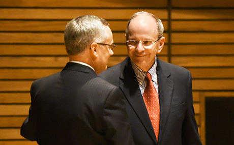 Steve Boesel ’68 (right) shakes hands with BW President Bob Helmer at a 2015 Conservatory of Music event marking BW’s designation as an “All-Steinway School.”