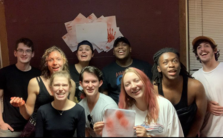 Some of the BW student and alumni cast and crew of “Boiling Point” celebrate their 48-Hour Horror Film submission. Front row, left to right, are Grace McVey ’23 (BFA acting), Michael Shoultz ’24 (BFA 