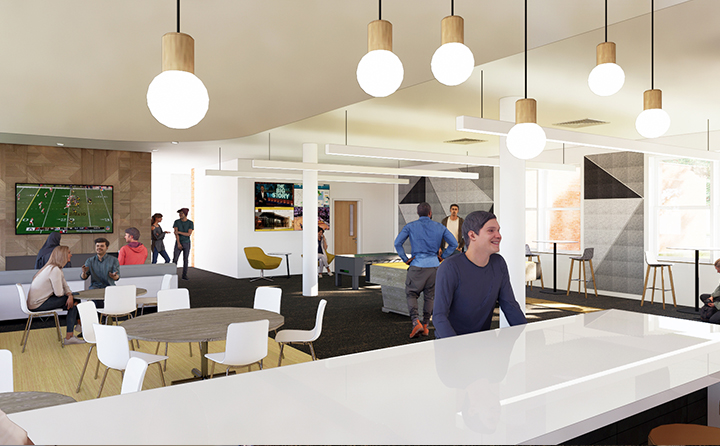 Modern amenities planned for BW's North Hall include a large gathering space on the first floor with a new kitchen.