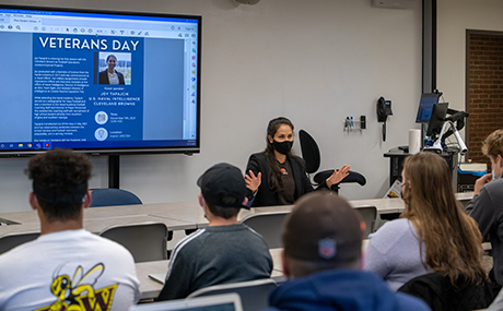 Joy Tapajcik, a Naval Academy graduate, former Naval Intelligence Officer and now operations assistant with the Cleveland Browns, tells her story as part of BW's 2021 Veteran's Day events.