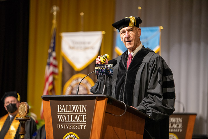 Fall 2021 Commencement Speaker Richard 'DIck' Fletcher used a Stinger prop in his address.