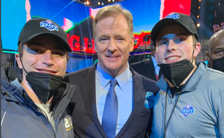 During a long day working the NFL Draft, BW students Luke Driscoll and Corey Jones scored a selfie with NFL Commissioner Roger Goodell. 