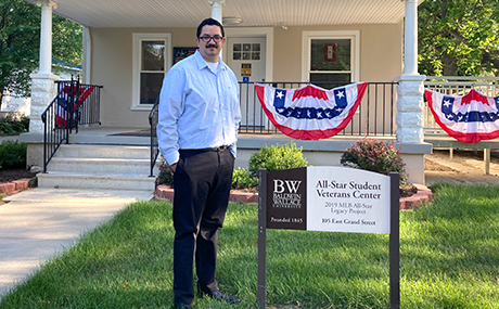 Michael G. Brown ‘18, BW manager of veterans and military services, outside BW's All-Star Student Veterans Center