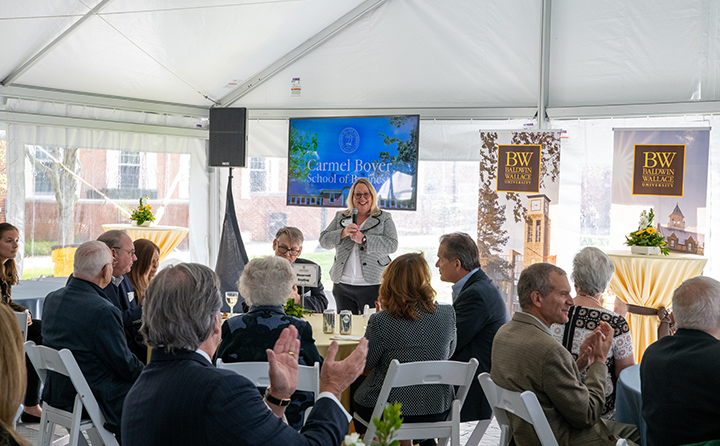 Then interim dean, Dr. Susan Kuznik, addresses the crowd gathered to celebrate the naming of the BW Carmel Boyer School of Business in spring 2022.