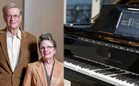 photo of Dr. Robert and Janet Gans Brown and Steinway Spirio r piano