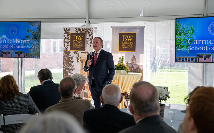 Bill Summers ’72 who was hired as intern by Carmel and succeeded him as McDonald & Company CEO, narrated a video that traced the impact of the pair on their alma mater, and called the two men “GOATs” 