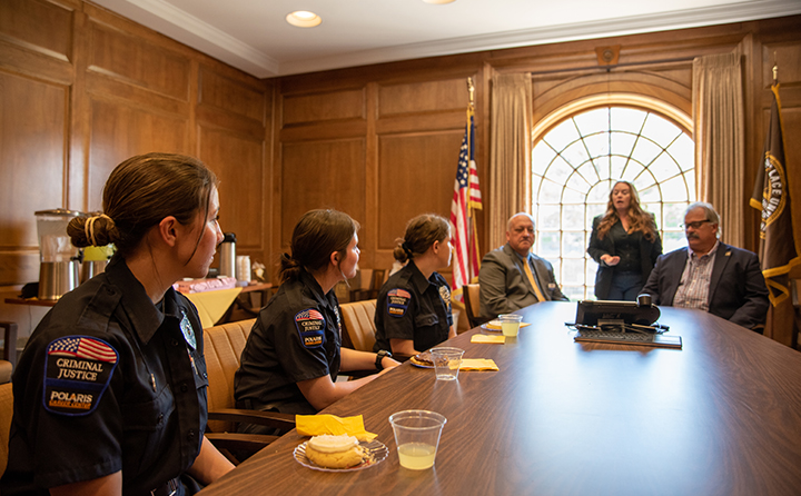 Baldwin Wallace University and Polaris Career Center leaders and criminal justice students gather for the launch of a new college credit partnership.