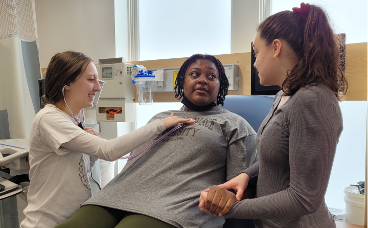 Left to right, Nursing student Danielle Barsa interacts with acting students Nelia Rose Holley and Ava Spinelli Mastrone.