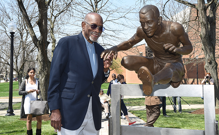 Harrison Dillard 2015 unveiling of his bronze statue at BW