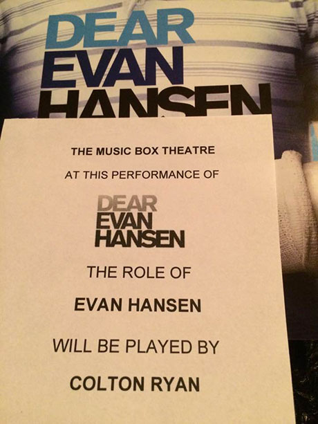 The insert in the Dear Evan Hansen Playbill announcing Colton Ryan standing in for Ben Platt