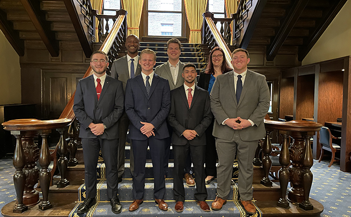 The BW contingent at the ACG Cup at Cleveland’s Union Club, front row, left to right, Vincent Bucci ’23, Dane McNulty ‘24, Ryan Rivera ‘23, George Newcomb ’23. Back row, left to right, are Professor C