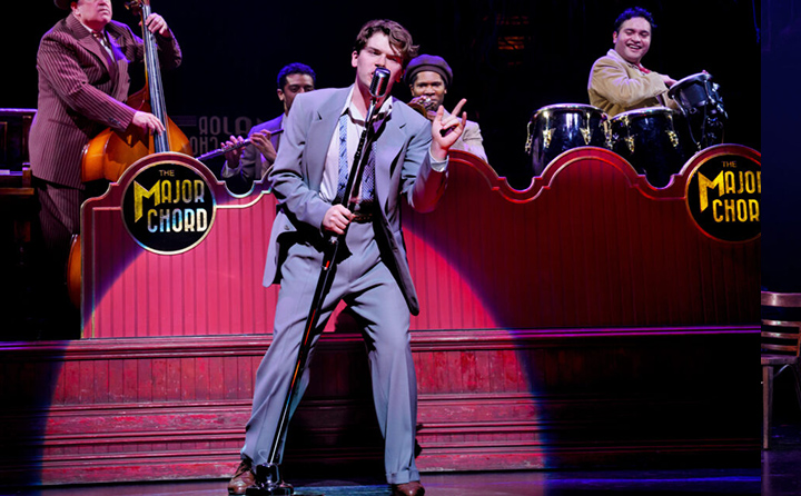 Colton Ryan (center) performs in Broadway's Tony-nominated New York, New York. Photo by Paul Kolnik