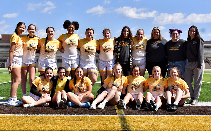 Yellow Jacket Women’s Rugby team from left to right, front row: Alaina Hayes, Maggie Moc, Gianna Sholtis, Shauna Whitt, Hanna Lemaster, Brittany Webb, Molly Cancian; Back Row: Niyana Henderson, Dempsi