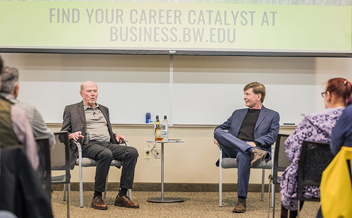Pat Conway (left), co-owner and co-founder, Great Lakes Brewing Company is interviewed by Dr. David Krueger (right), BW Spahr Chair in Managerial and Corporate Ethics, for BW’s annual Spahr Lecture.