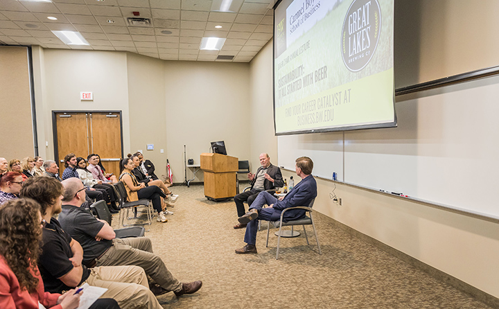 Pat Conway (left), co-owner and co-founder, Great Lakes Brewing Company is interviewed by Dr. David Krueger (right), BW Spahr Chair in Managerial and Corporate Ethics, for BW’s annual Spahr Lecture.