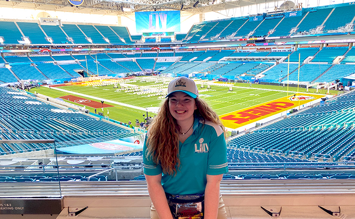 BW sport management major Hannah Dick '23 at Super Bowl LIV.