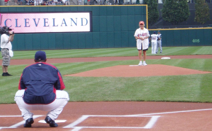 Representative Pryce throws out the first pitch at Jacobs Field