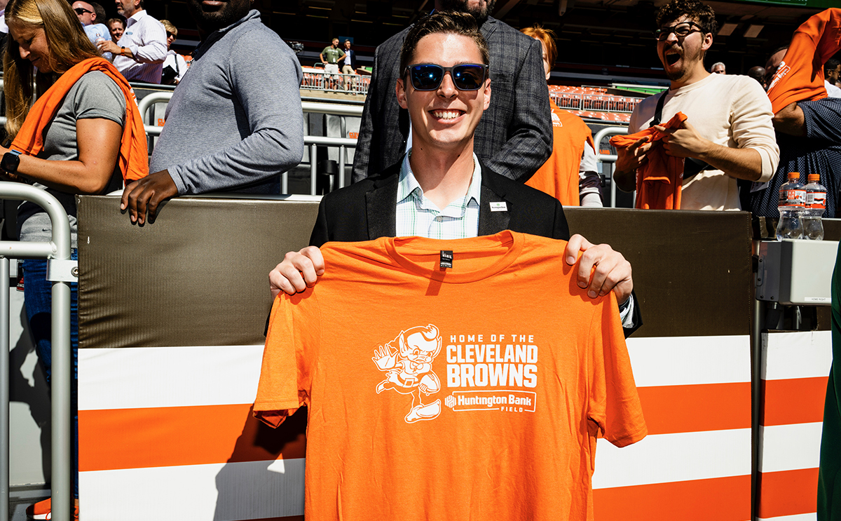 Brandon Long ’24, coordinator of executive operations, at the renaming event for Huntington Bank Field