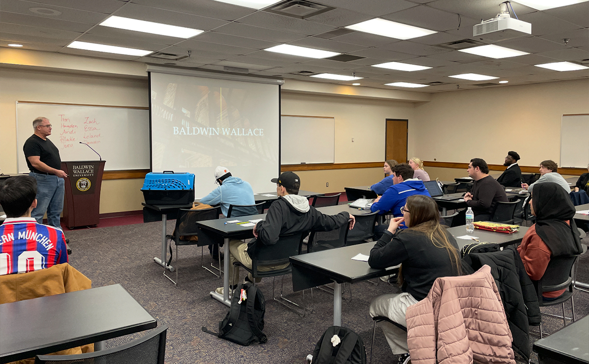 Tim Watkins presents a speech in his public speaking class at BW