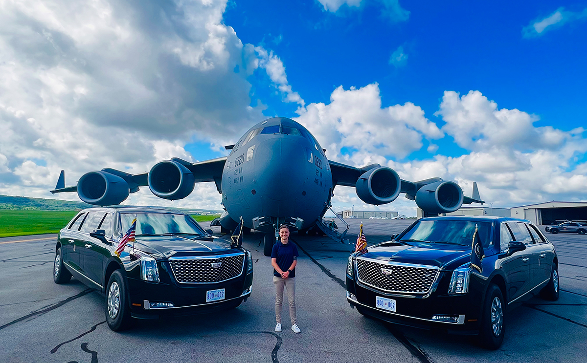 U.S. Secret Service agent Corina Pavel '18 on the tarmac with Air Force One in Philadelphia