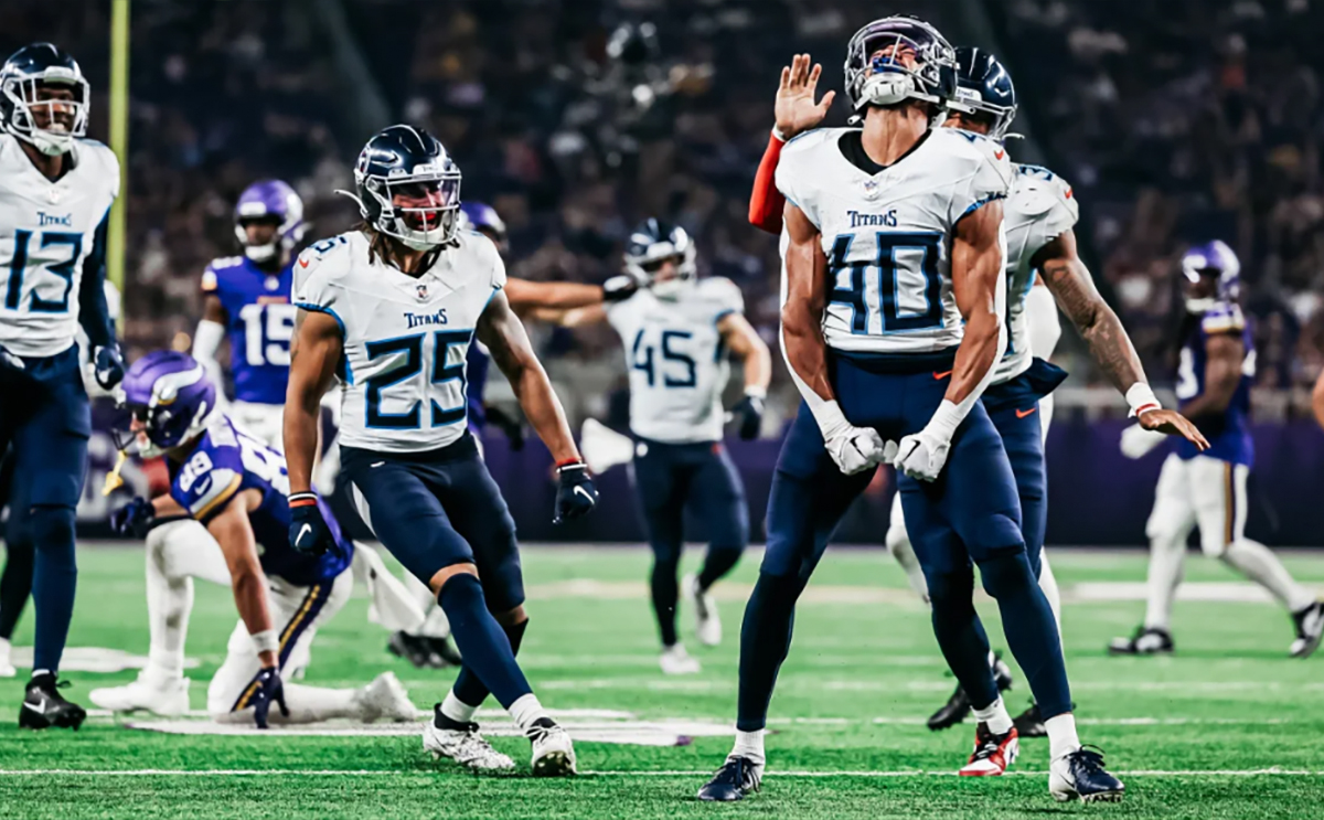 Kendall celebrates a stop in the August 19 preseason game between the Titans and Vikings. 