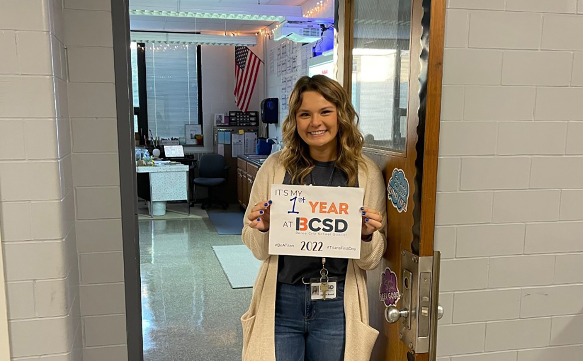 Jordyn Rozek outside her Berea-Midpark Middle School classroom